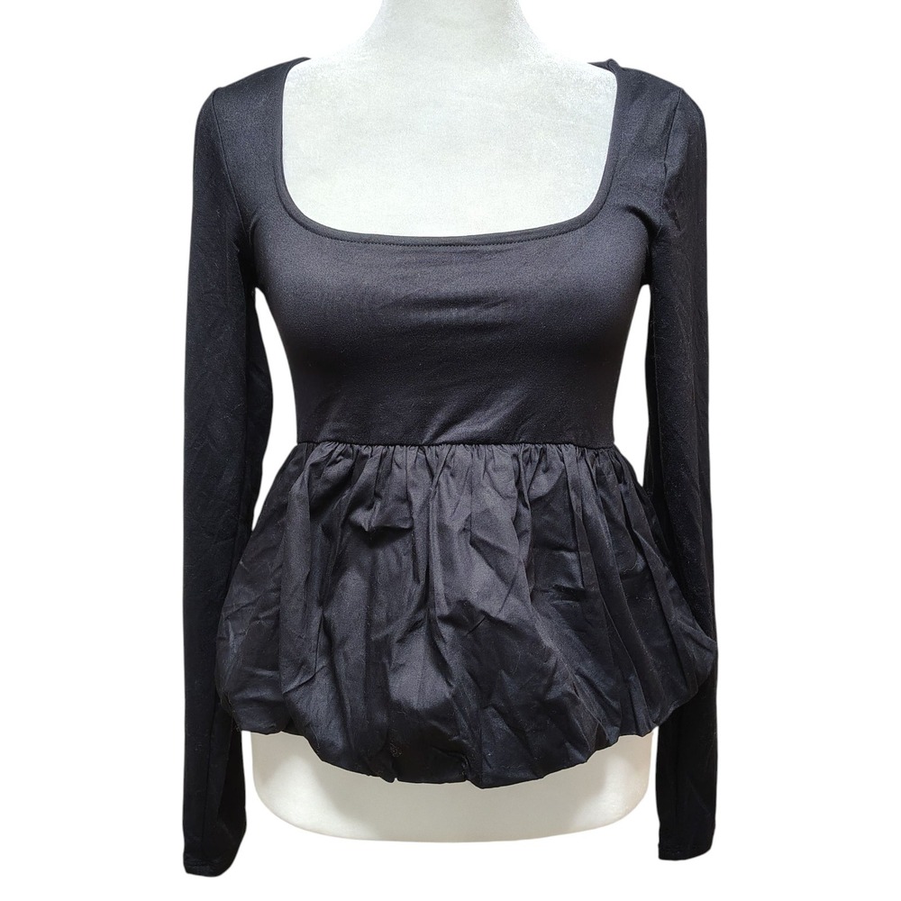Wild Fable Women's Top Small Black Square Neck Long Sleeve Peplum Blouse Stretch
